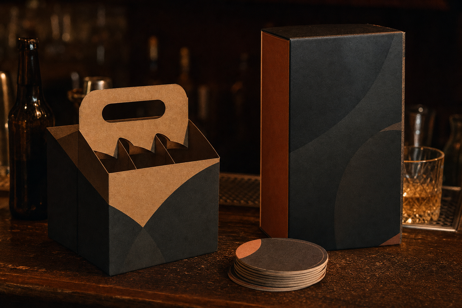 A printed six-pack carrier, a spirits gift box, and coasters arranged on a bar top