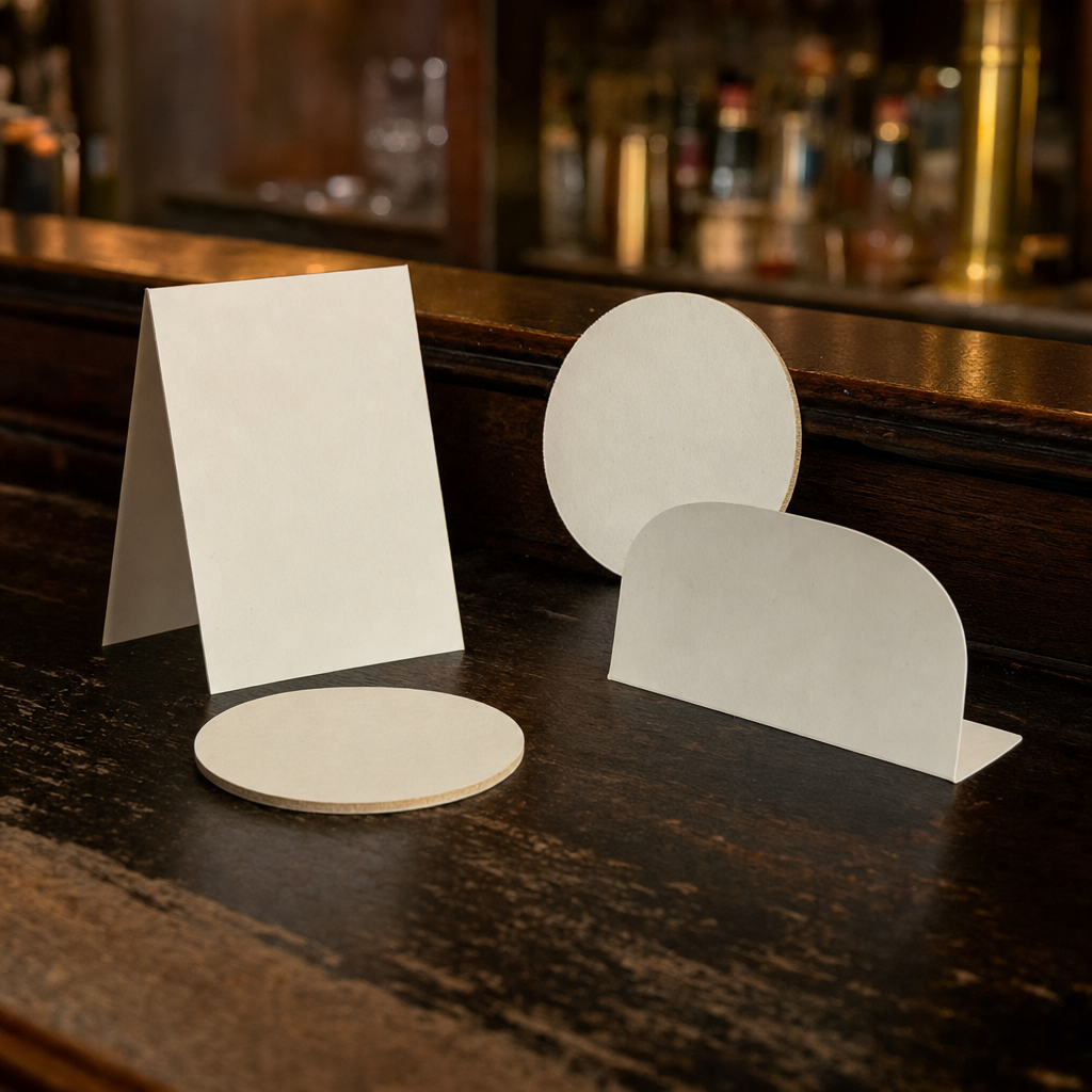 Coasters, a table tent, and a shelf talker arranged on a bar