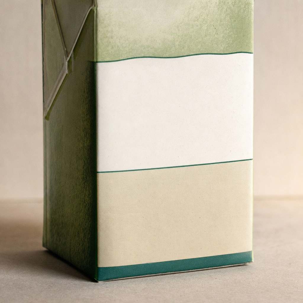 A bilingual beverage carton panel with recycling and deposit marks