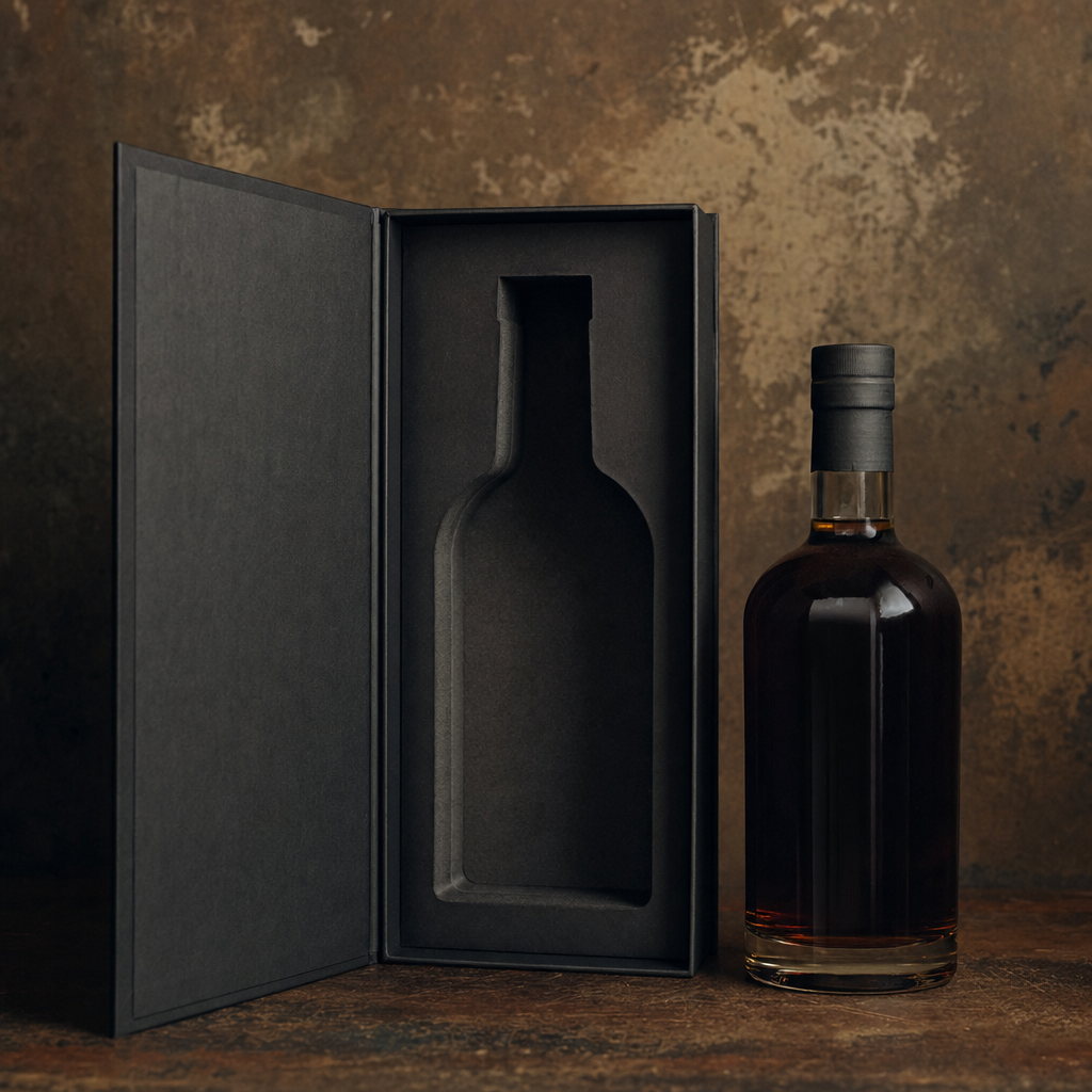 A folding presentation box with a spirits bottle beside it