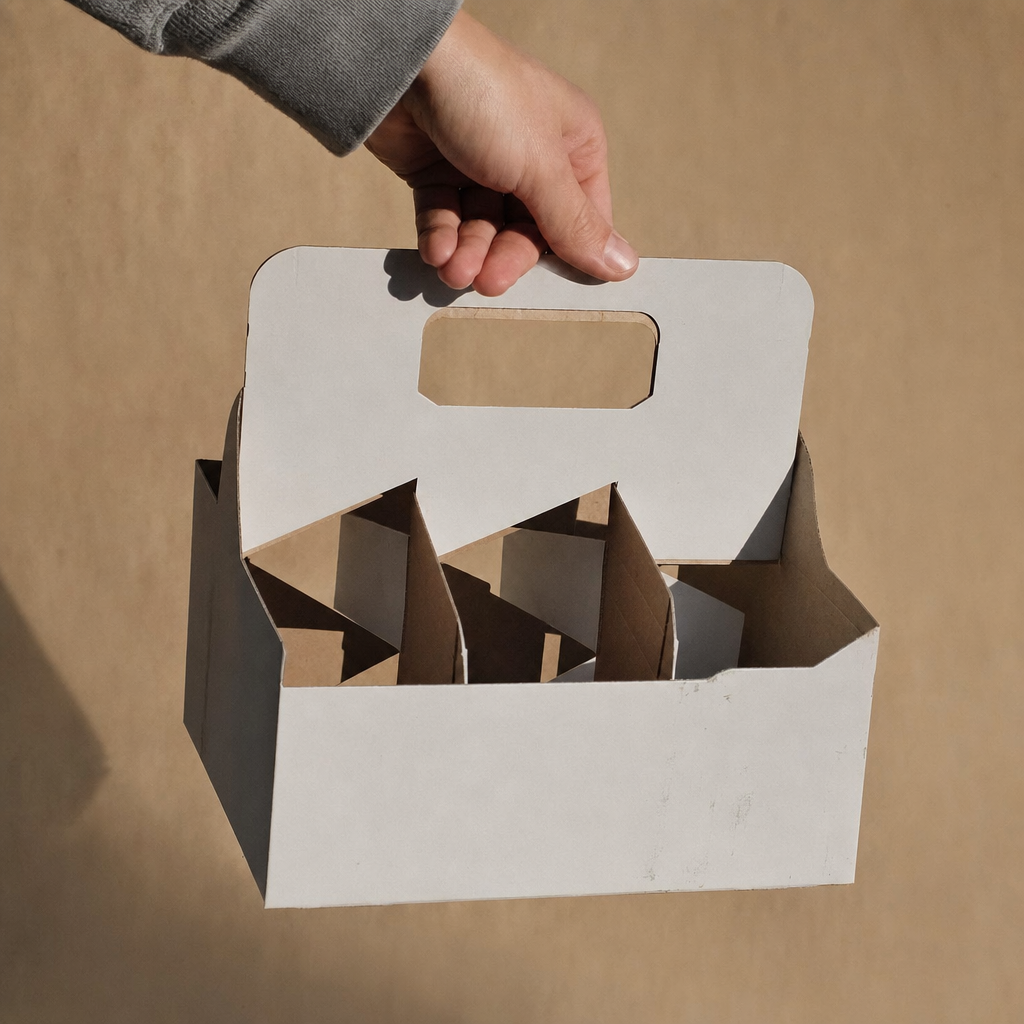 A printed six-pack can carrier held by its handle