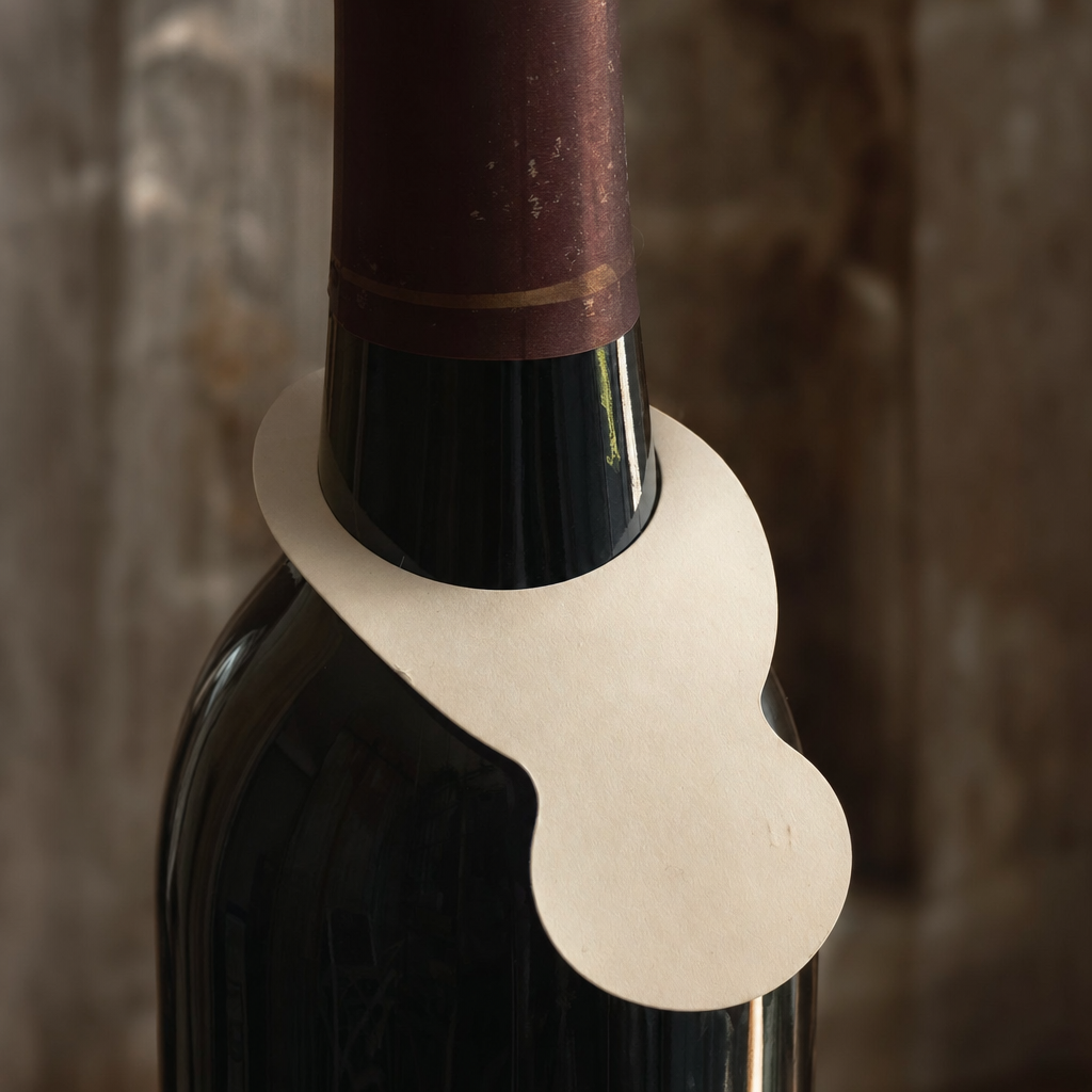 A die-cut bottle necker slipped over a bottle neck