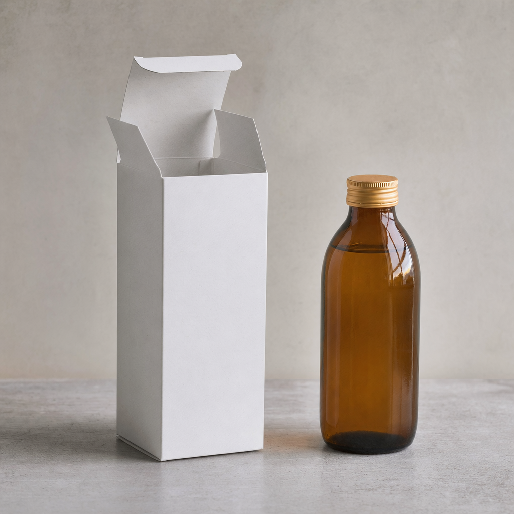 A white unprinted structural packaging sample with a dieline drawing